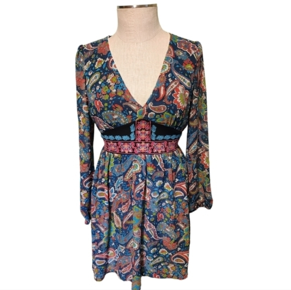 Flying Tomatos‎ Small Blue Paisley Print Embroidered V Neck Long Sleeve Dress